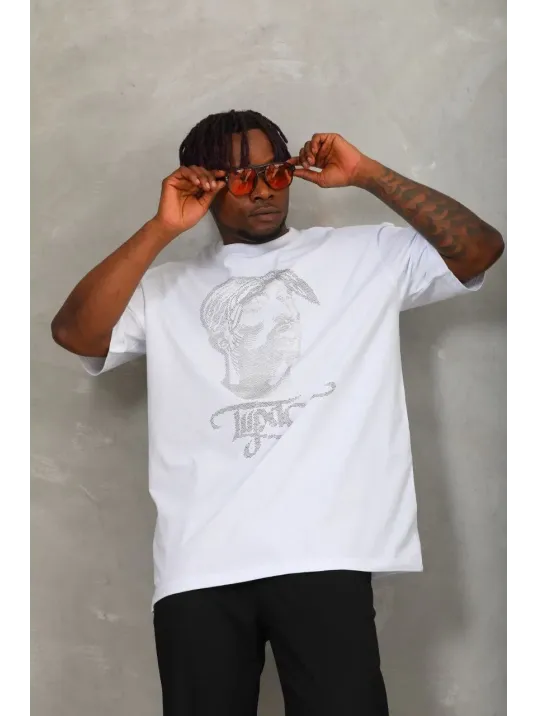 Unisex Oversize Taşlı Bisiklet Yaka T-Shirt - Beyaz Unisex Oversize Taşlı Bisiklet Yaka T-Shirt - Beyaz