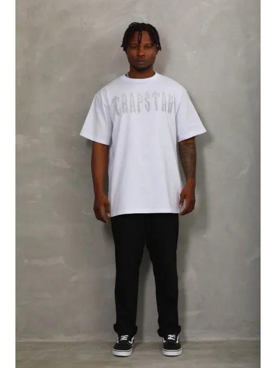 Unisex Oversize Taşlı Bisiklet Yaka T-Shirt - Beyaz Unisex Oversize Taşlı Bisiklet Yaka T-Shirt - Beyaz