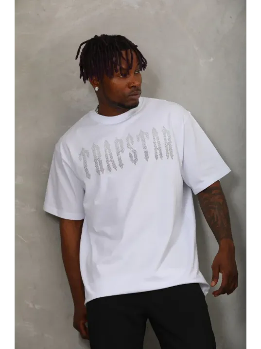 Unisex Oversize Taşlı Bisiklet Yaka T-Shirt - Beyaz Unisex Oversize Taşlı Bisiklet Yaka T-Shirt - Beyaz