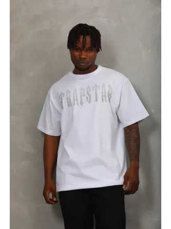 Unisex Oversize Taşlı Bisiklet Yaka T-Shirt - Beyaz Unisex Oversize Taşlı Bisiklet Yaka T-Shirt - Beyaz