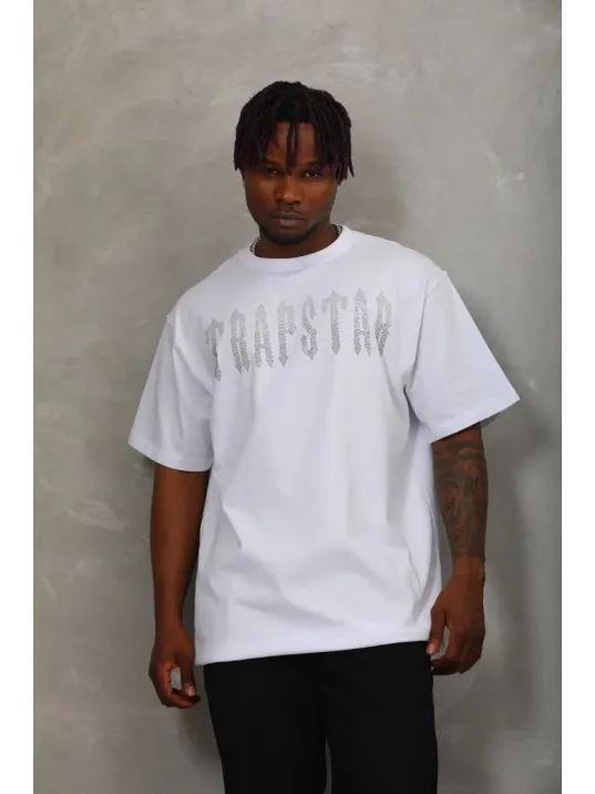 Unisex Oversize Taşlı Bisiklet Yaka T-Shirt - Beyaz Unisex Oversize Taşlı Bisiklet Yaka T-Shirt - Beyaz