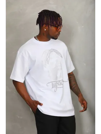 Unisex Oversize Taşlı Bisiklet Yaka T-Shirt - Beyaz