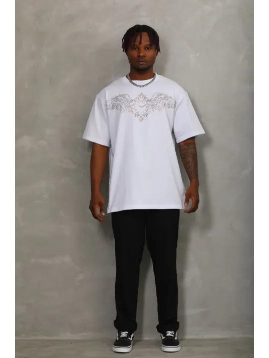 Unisex Oversize Taşlı Bisiklet Yaka T-Shirt - Beyaz Unisex Oversize Taşlı Bisiklet Yaka T-Shirt - Beyaz