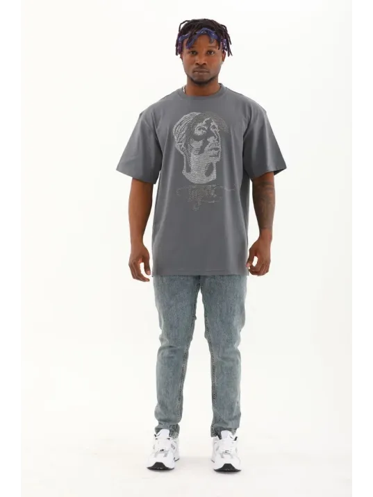 Unisex Oversize Taşlı Bisiklet Yaka T-Shirt - Füme Unisex Oversize Taşlı Bisiklet Yaka T-Shirt - Füme