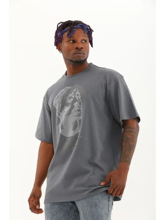 Unisex Oversize Taşlı Bisiklet Yaka T-Shirt - Füme Unisex Oversize Taşlı Bisiklet Yaka T-Shirt - Füme