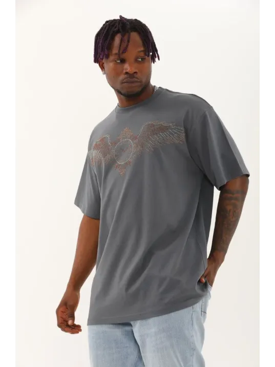 Unisex Oversize Taşlı Bisiklet Yaka T-Shirt - Füme Unisex Oversize Taşlı Bisiklet Yaka T-Shirt - Füme