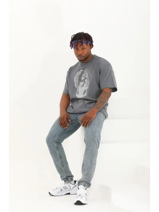 Unisex Oversize Taşlı Bisiklet Yaka T-Shirt - Füme Unisex Oversize Taşlı Bisiklet Yaka T-Shirt - Füme