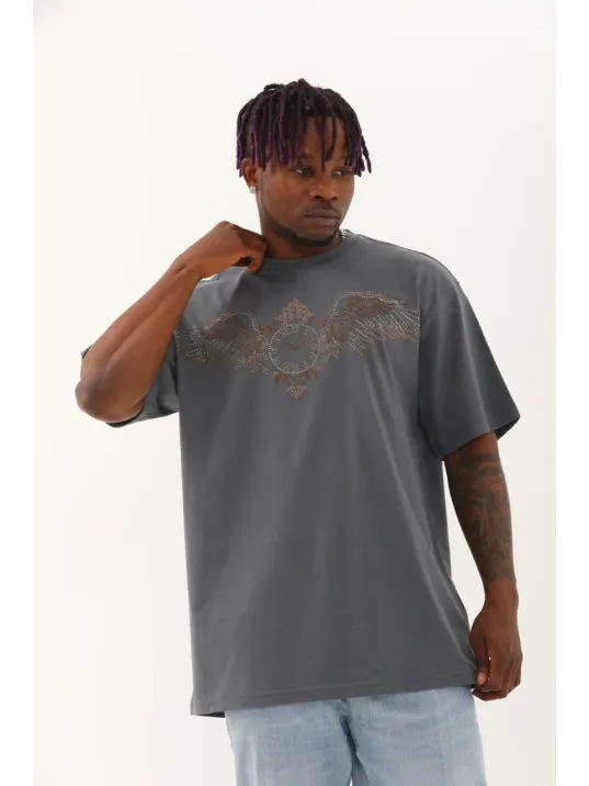 Unisex Oversize Taşlı Bisiklet Yaka T-Shirt - Füme Unisex Oversize Taşlı Bisiklet Yaka T-Shirt - Füme