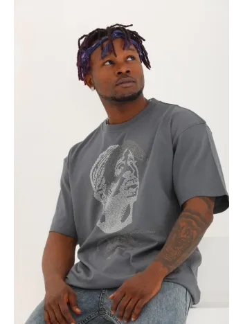 Unisex Oversize Taşlı Bisiklet Yaka T-Shirt - Füme