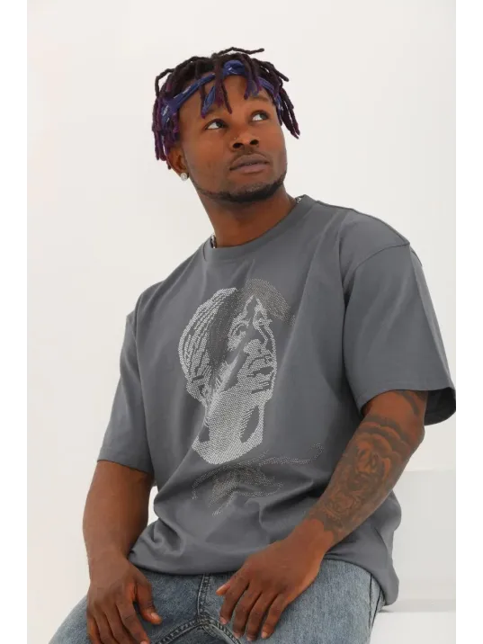 Unisex Oversize Taşlı Bisiklet Yaka T-Shirt - Füme Unisex Oversize Taşlı Bisiklet Yaka T-Shirt - Füme