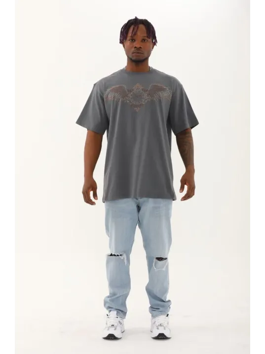 Unisex Oversize Taşlı Bisiklet Yaka T-Shirt - Füme Unisex Oversize Taşlı Bisiklet Yaka T-Shirt - Füme