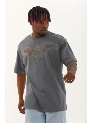 Unisex Oversize Taşlı Bisiklet Yaka T-Shirt - Füme Unisex Oversize Taşlı Bisiklet Yaka T-Shirt - Füme