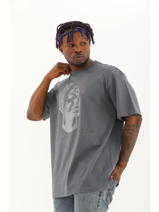 Unisex Oversize Taşlı Bisiklet Yaka T-Shirt - Füme Unisex Oversize Taşlı Bisiklet Yaka T-Shirt - Füme