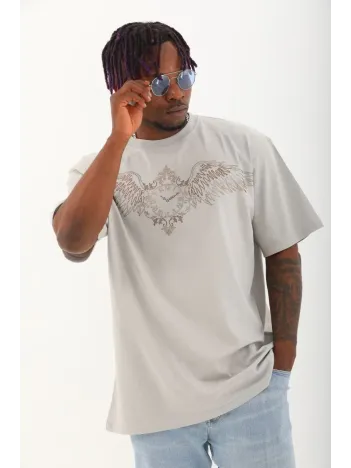 Unisex Oversize Taşlı Bisiklet Yaka T-Shirt - Gri Unisex Oversize Taşlı Bisiklet Yaka T-Shirt - Gri