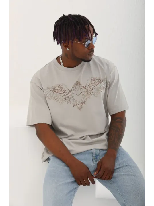 Unisex Oversize Taşlı Bisiklet Yaka T-Shirt - Gri