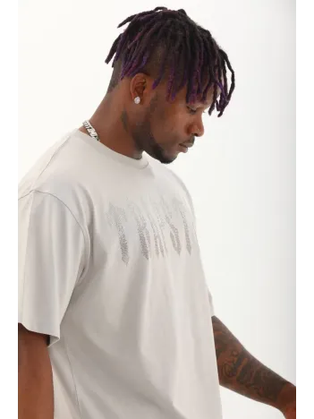 Unisex Oversize Taşlı Bisiklet Yaka T-Shirt - Gri