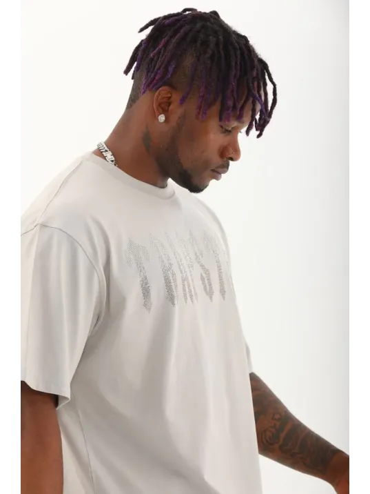 Unisex Oversize Taşlı Bisiklet Yaka T-Shirt - Gri