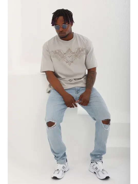 Unisex Oversize Taşlı Bisiklet Yaka T-Shirt - Gri