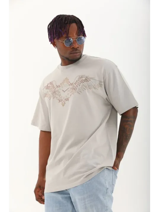 Unisex Oversize Taşlı Bisiklet Yaka T-Shirt - Gri