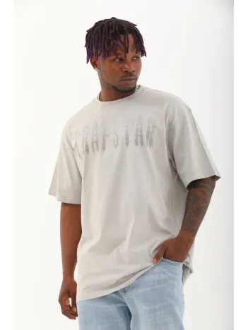 Unisex Oversize Taşlı Bisiklet Yaka T-Shirt - Gri Unisex Oversize Taşlı Bisiklet Yaka T-Shirt - Gri