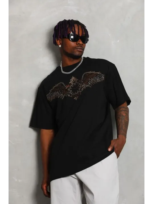 Unisex Oversize Taşlı Bisiklet Yaka T-Shirt - Siyah Unisex Oversize Taşlı Bisiklet Yaka T-Shirt - Siyah