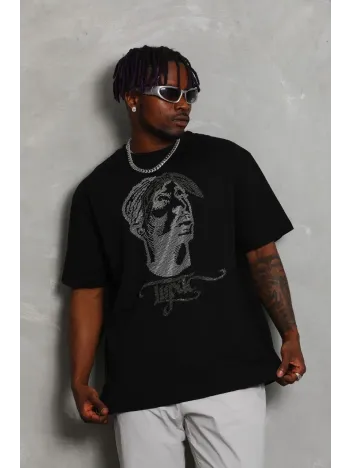 Unisex Oversize Taşlı Bisiklet Yaka T-Shirt - Siyah