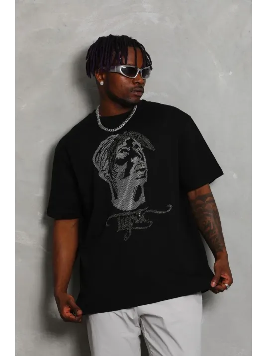 Unisex Oversize Taşlı Bisiklet Yaka T-Shirt - Siyah Unisex Oversize Taşlı Bisiklet Yaka T-Shirt - Siyah