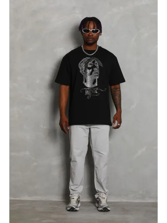 Unisex Oversize Taşlı Bisiklet Yaka T-Shirt - Siyah Unisex Oversize Taşlı Bisiklet Yaka T-Shirt - Siyah