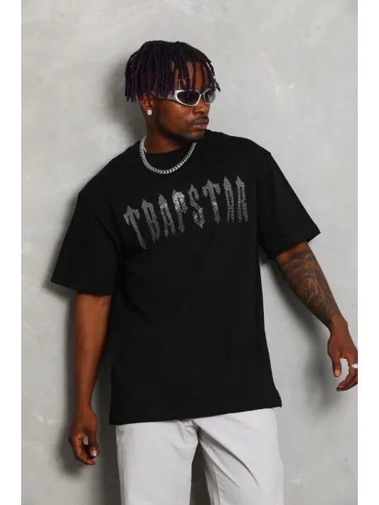 Unisex Oversize Taşlı Bisiklet Yaka T-Shirt - Siyah Unisex Oversize Taşlı Bisiklet Yaka T-Shirt - Siyah