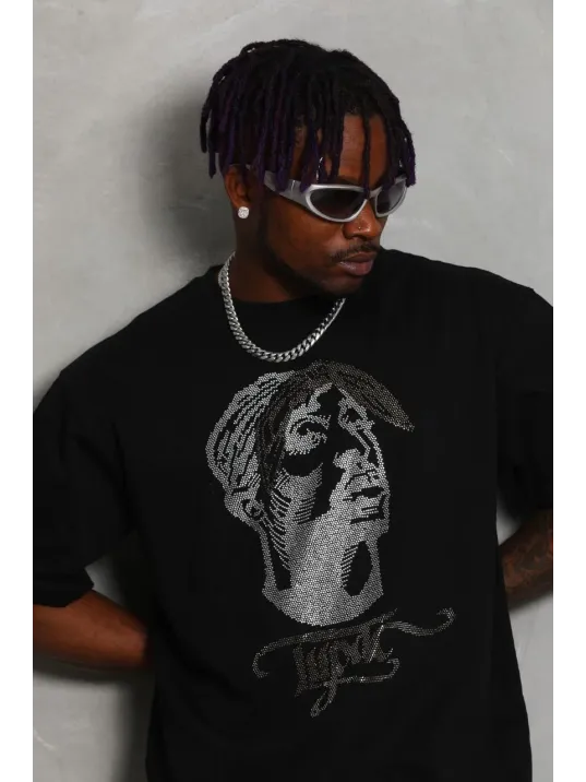 Unisex Oversize Taşlı Bisiklet Yaka T-Shirt - Siyah Unisex Oversize Taşlı Bisiklet Yaka T-Shirt - Siyah