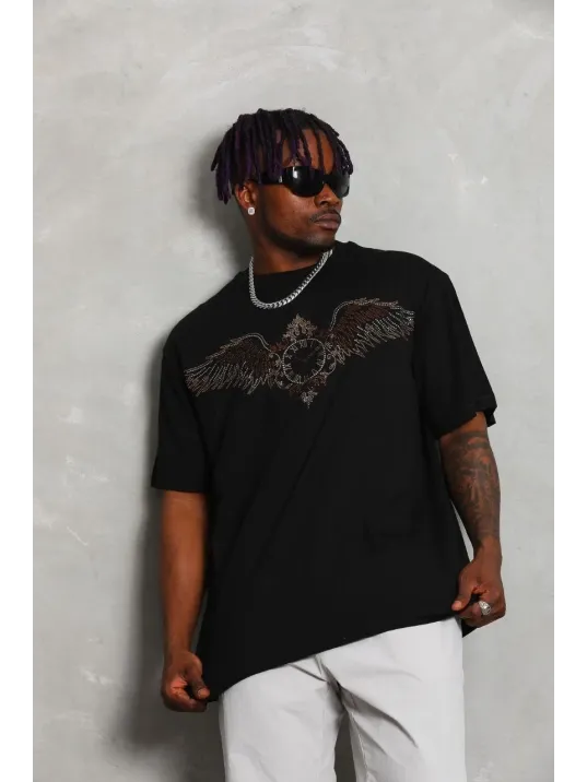 Unisex Oversize Taşlı Bisiklet Yaka T-Shirt - Siyah Unisex Oversize Taşlı Bisiklet Yaka T-Shirt - Siyah