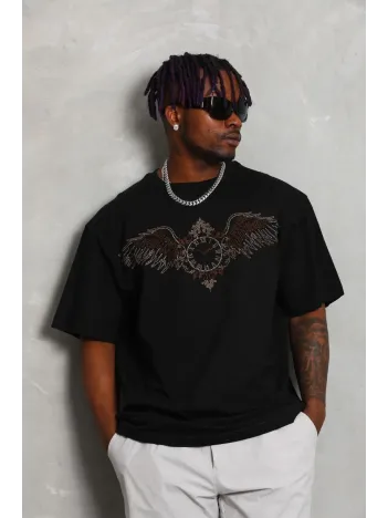 Unisex Oversize Taşlı Bisiklet Yaka T-Shirt - Siyah Unisex Oversize Taşlı Bisiklet Yaka T-Shirt - Siyah