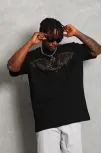 Unisex Oversize Taşlı Bisiklet Yaka T-shirt - Siyah