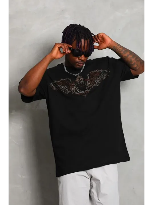 Unisex Oversize Taşlı Bisiklet Yaka T-Shirt - Siyah Unisex Oversize Taşlı Bisiklet Yaka T-Shirt - Siyah