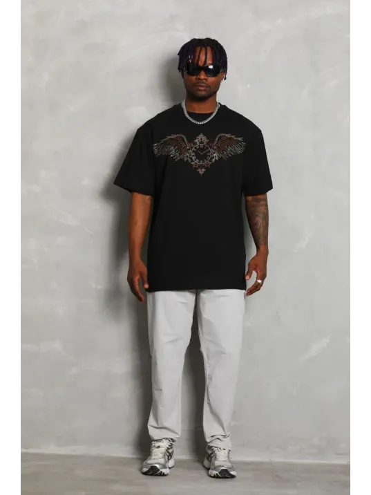 Unisex Oversize Taşlı Bisiklet Yaka T-Shirt - Siyah Unisex Oversize Taşlı Bisiklet Yaka T-Shirt - Siyah