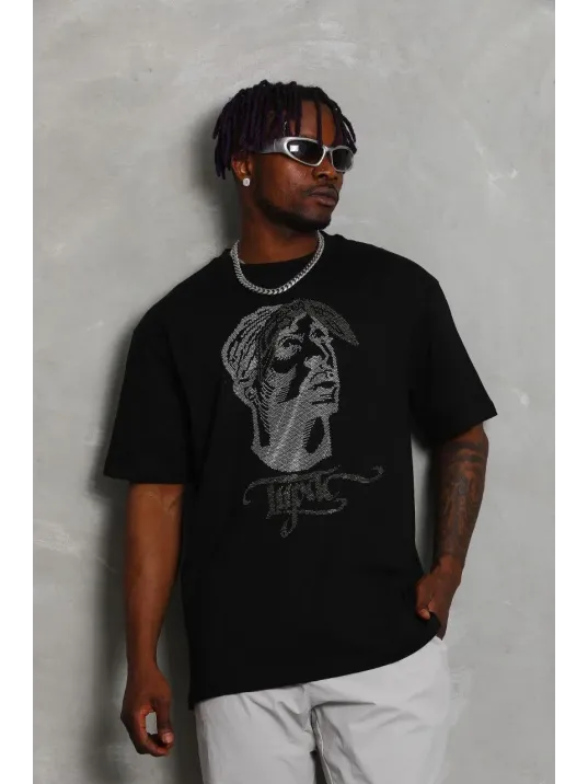 Unisex Oversize Taşlı Bisiklet Yaka T-Shirt - Siyah Unisex Oversize Taşlı Bisiklet Yaka T-Shirt - Siyah