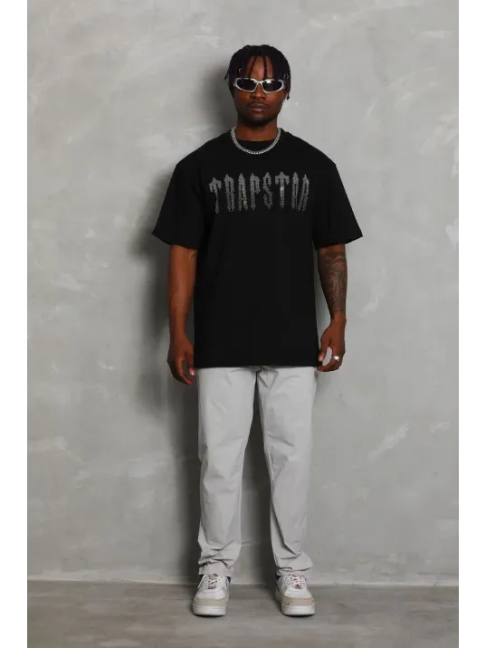 Unisex Oversize Taşlı Bisiklet Yaka T-Shirt - Siyah Unisex Oversize Taşlı Bisiklet Yaka T-Shirt - Siyah