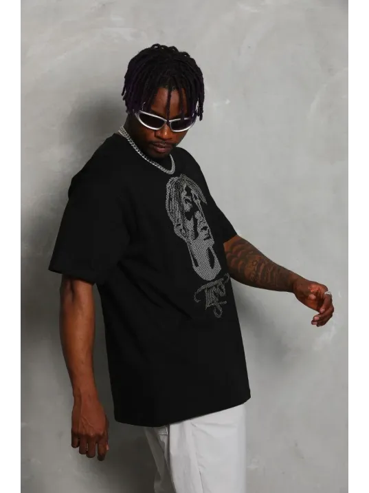 Unisex Oversize Taşlı Bisiklet Yaka T-Shirt - Siyah Unisex Oversize Taşlı Bisiklet Yaka T-Shirt - Siyah