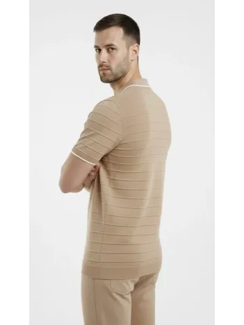 Erkek Triko Kumaş Yakalı Düğmesiz Açık Yaka Fitilli Kısa Kollu Regular Fit Tişört T-shirt - Bej