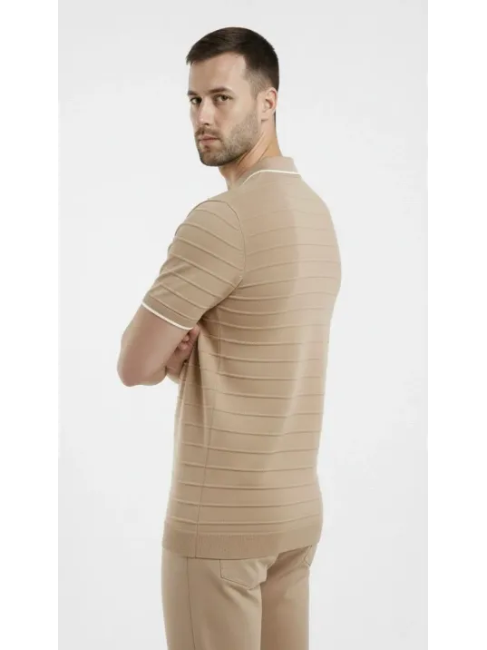 Erkek Triko Kumaş Yakalı Düğmesiz Açık Yaka Fitilli Kısa Kollu Regular Fit Tişört T-shirt - Bej Erkek Triko Kumaş Yakalı Düğmesiz Açık Yaka Fitilli Kısa Kollu Regular Fit Tişört T-shirt - Bej
