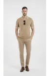 Erkek Triko Kumaş Yakalı Düğmesiz Açık Yaka Fitilli Kısa Kollu Regular Fit Tişört T-shirt - Bej Erkek Triko Kumaş Yakalı Düğmesiz Açık Yaka Fitilli Kısa Kollu Regular Fit Tişört T-shirt - Bej