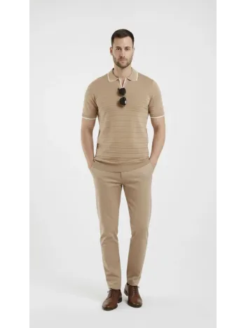 Erkek Triko Kumaş Yakalı Düğmesiz Açık Yaka Fitilli Kısa Kollu Regular Fit Tişört T-shirt - Bej