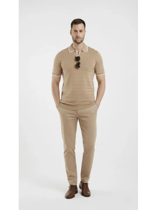 Erkek Triko Kumaş Yakalı Düğmesiz Açık Yaka Fitilli Kısa Kollu Regular Fit Tişört T-shirt - Bej Erkek Triko Kumaş Yakalı Düğmesiz Açık Yaka Fitilli Kısa Kollu Regular Fit Tişört T-shirt - Bej