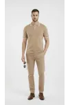 Erkek Triko Kumaş Yakalı Düğmesiz Açık Yaka Fitilli Kısa Kollu Regular Fit Tişört T-shirt - Bej Erkek Triko Kumaş Yakalı Düğmesiz Açık Yaka Fitilli Kısa Kollu Regular Fit Tişört T-shirt - Bej
