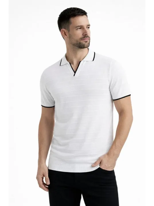 Erkek Triko Kumaş Yakalı Düğmesiz Açık Yaka Fitilli Kısa Kollu Regular Fit Tişört T-shirt - Beyaz