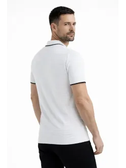 Erkek Triko Kumaş Yakalı Düğmesiz Açık Yaka Fitilli Kısa Kollu Regular Fit Tişört T-shirt - Beyaz