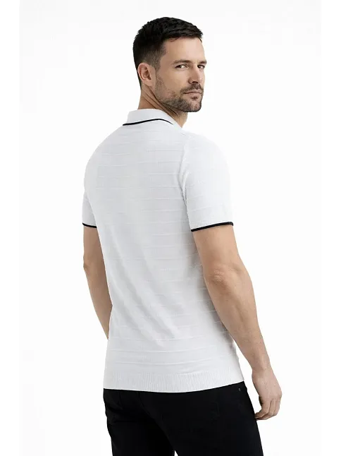 Erkek Triko Kumaş Yakalı Düğmesiz Açık Yaka Fitilli Kısa Kollu Regular Fit Tişört T-shirt - Beyaz