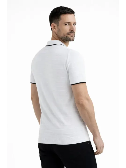Erkek Triko Kumaş Yakalı Düğmesiz Açık Yaka Fitilli Kısa Kollu Regular Fit Tişört T-shirt - Beyaz