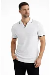 Erkek Triko Kumaş Yakalı Düğmesiz Açık Yaka Fitilli Kısa Kollu Regular Fit Tişört T-shirt - Beyaz