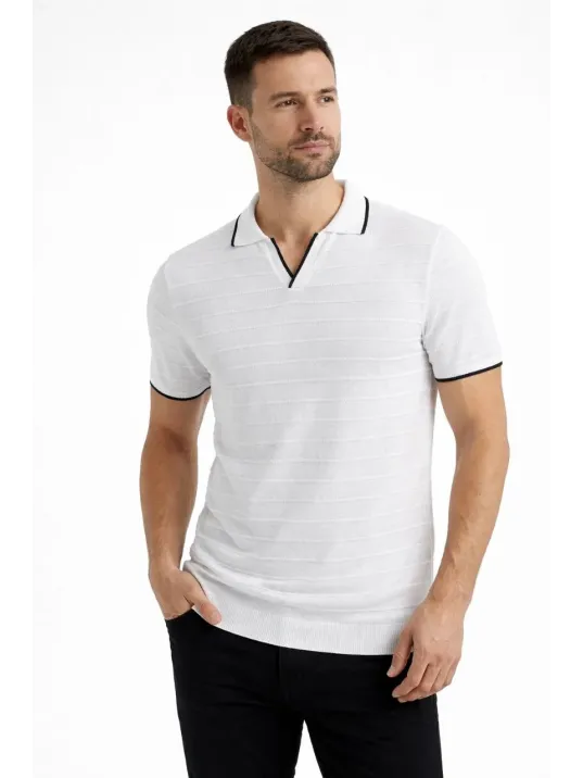 Erkek Triko Kumaş Yakalı Düğmesiz Açık Yaka Fitilli Kısa Kollu Regular Fit Tişört T-shirt - Beyaz